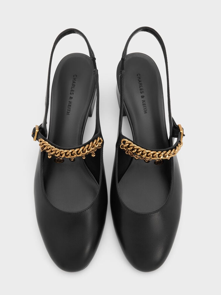 Double-Chain Charm Mary Jane Slingback Pumps, Black, hi-res