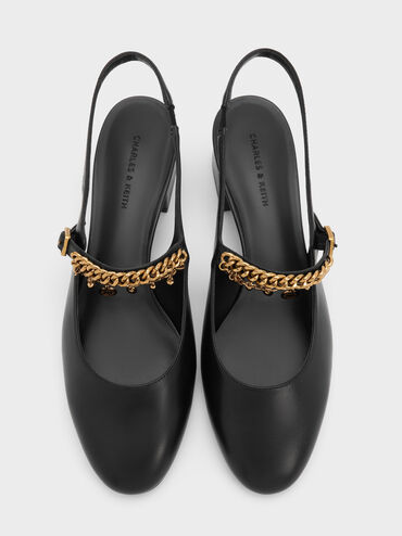 Double-Chain Charm Mary Jane Slingback Pumps, Black, hi-res