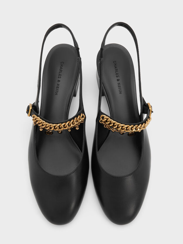 Double-Chain Charm Mary Jane Slingback Pumps, Black, hi-res