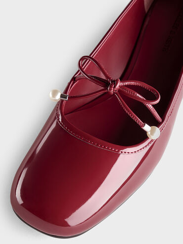 Barbara Patent Pearl-Embellished Bow Ballet Pumps, Red, hi-res