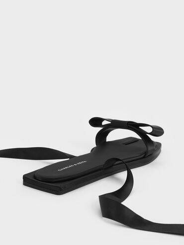 Satin Bow Tie-Around Flat Sandals, Black Textured, hi-res