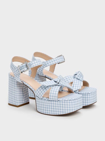 Anika Gingham Knot-Bow Platform Sandals, Light Blue, hi-res