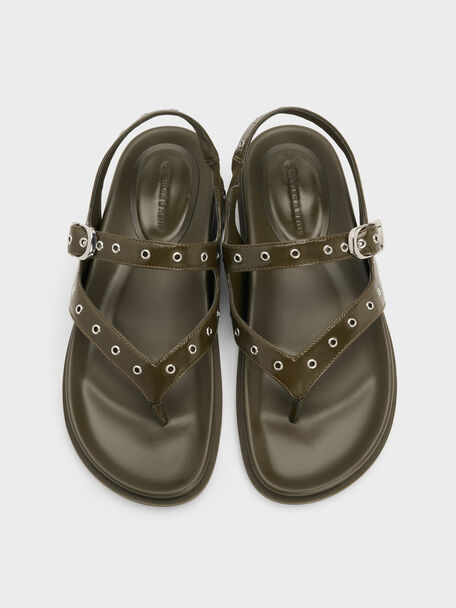 Grommet Thong Slingback Sandals, Olive, hi-res