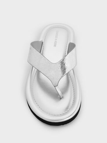 Trinah Metallic Crinkle-Effect Thong Sandals, Silver, hi-res