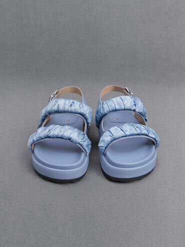 Tully Leather Ruched-Strap Sandals, Light Blue, hi-res