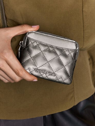 Duo Metallic Quilted Card Holder, Pewter, hi-res