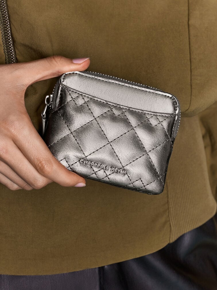 Duo Metallic Quilted Card Holder, Pewter, hi-res