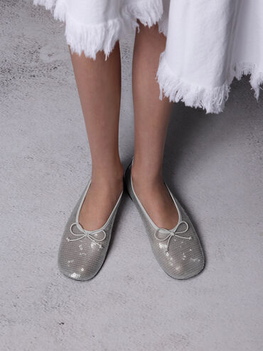 Sequin Mesh & Leather Bow Ballet Flats, Silver, hi-res