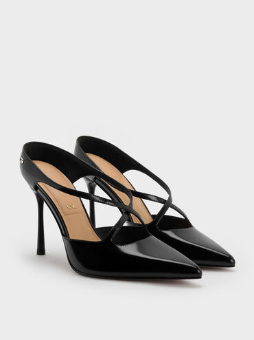 Kyra Leather Crossover-Strap Stiletto-Heel Mules, Black Box, hi-res