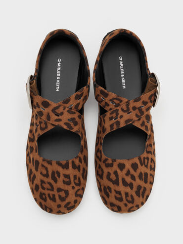Faux Suede Leopard-Print Crossover-Strap Mary Janes, Animal Print Brown, hi-res