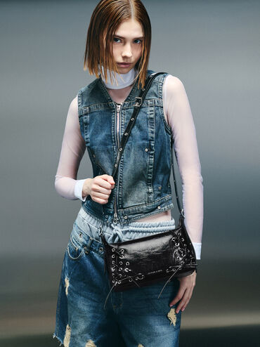 Xylia Grommet Lace-Up Shoulder Bag, Noir, hi-res