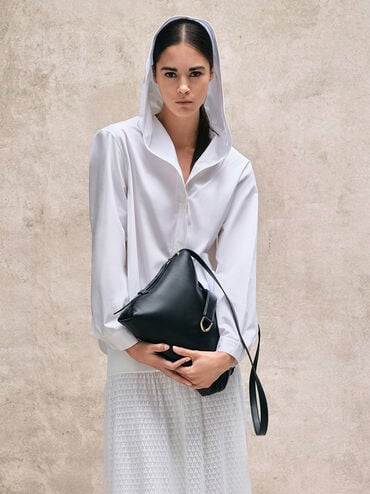 Gabine Leather Belted Hobo Bag, Black, hi-res