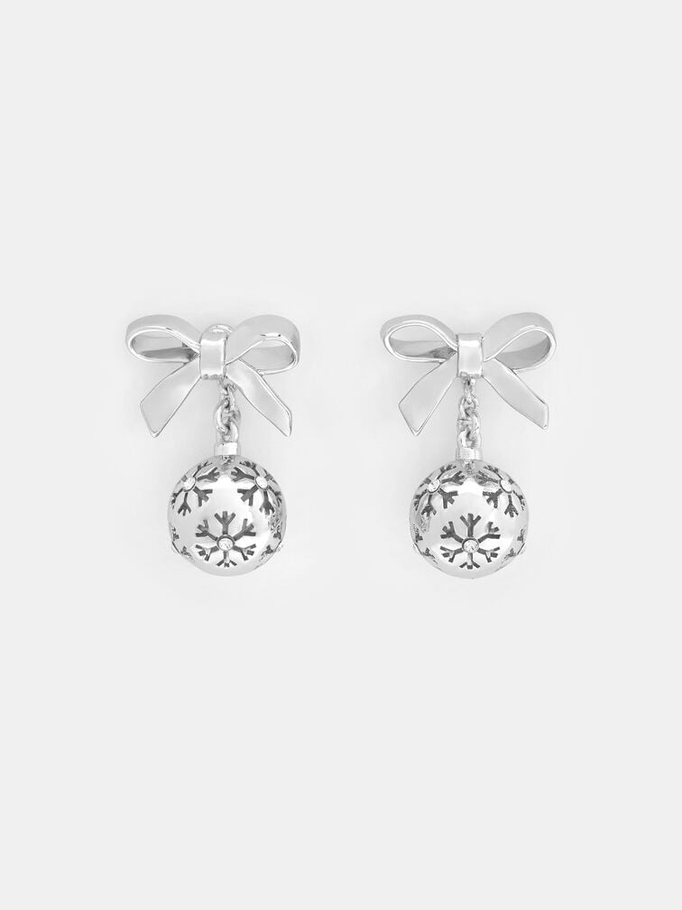 Athalia Crystal-Embellished Bow Snowflake-Ball Drop Earrings, Silver, hi-res
