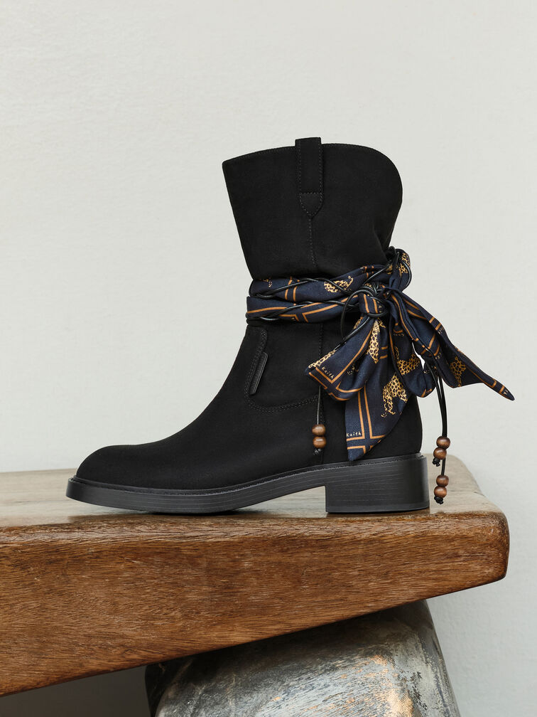 Faux Suede Printed-Scarf Calf Boots, Black Textured, hi-res