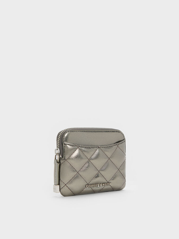 Alva Metallic Quilted Top-Zip Card Holder, Pewter, hi-res