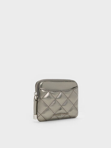 Alva Metallic Quilted Top-Zip Card Holder, Pewter, hi-res
