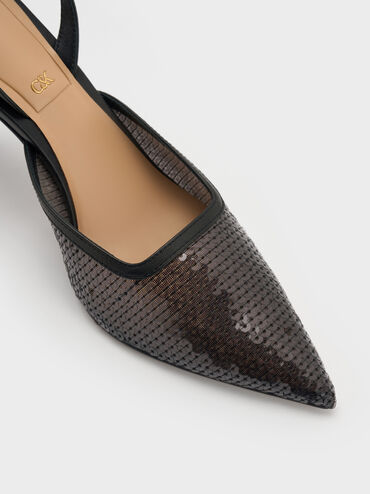 Sequin Mesh & Leather Pointed-Toe Slingback Pumps, Black Textured, hi-res