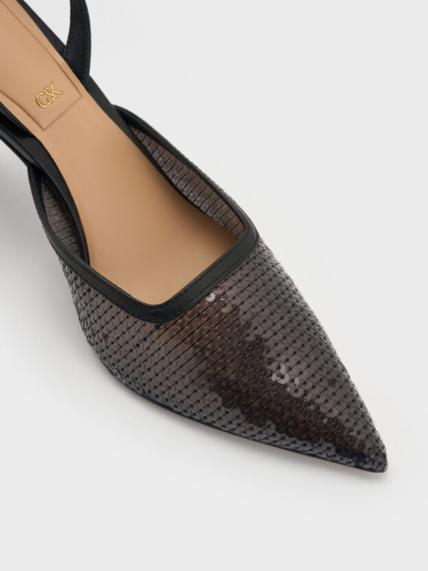 Sequin Mesh & Leather Pointed Slingback Pumps, Black Textured, hi-res