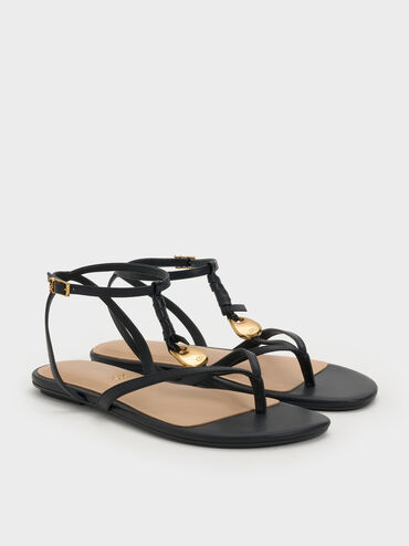 Adema Leather Strappy Thong Sandals, Black, hi-res