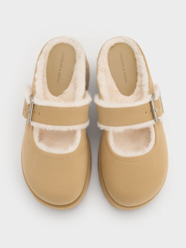 Bergen Textured Fur-Trim Buckled Platform Mules, Sand, hi-res