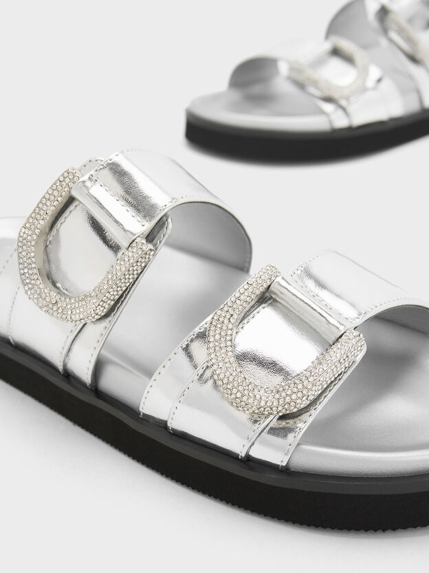 Gabine Crystal-Embellished Buckle Metallic Leather Slides, Silver, hi-res