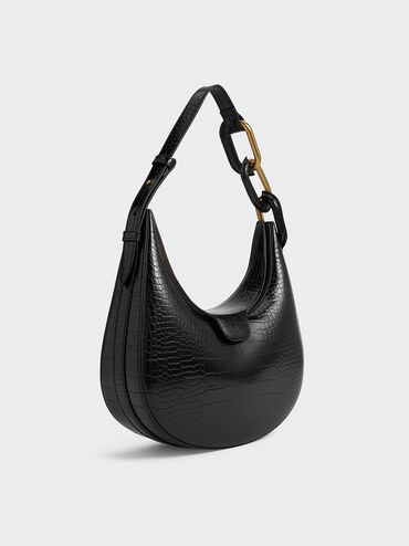 Kora Croc-Effect Metallic-Accent Moon Bag, Black, hi-res