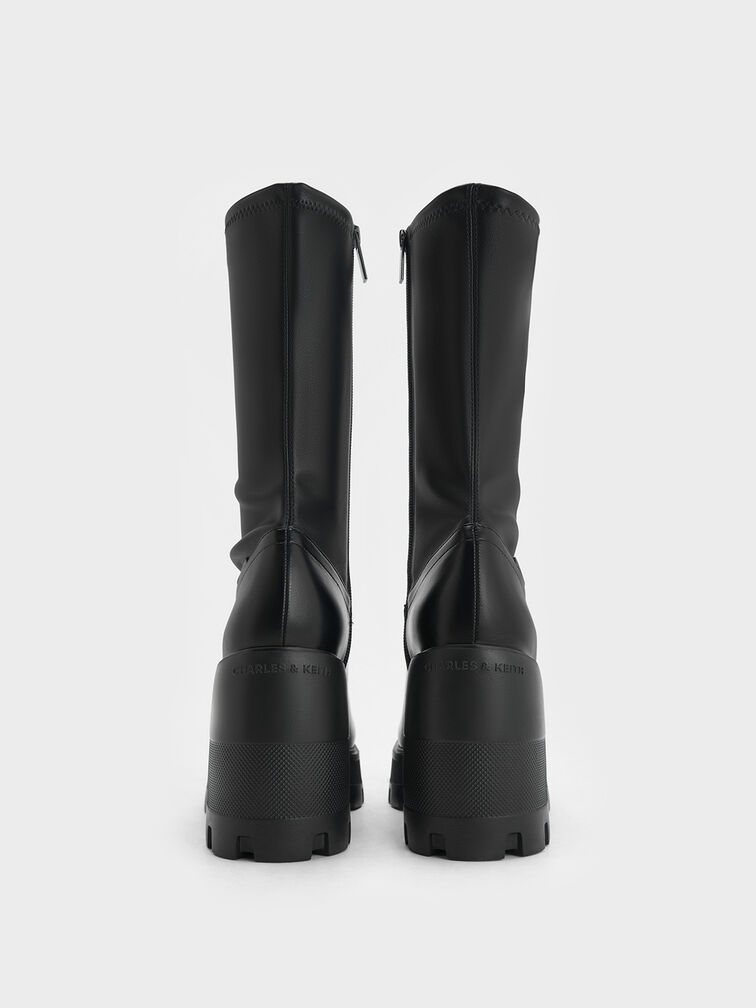 Side-Zip Platform Calf Boots, Black, hi-res