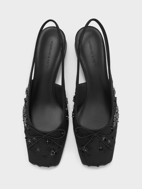 Sadira Satin Embroidered Sequinned Slingback Pumps, Black Textured, hi-res