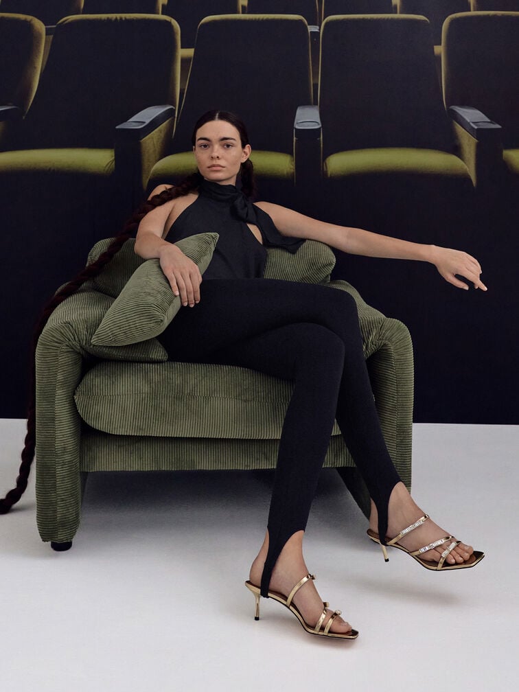 Jessy Leather Gem-Bow Heeled Sandals, Gold, hi-res