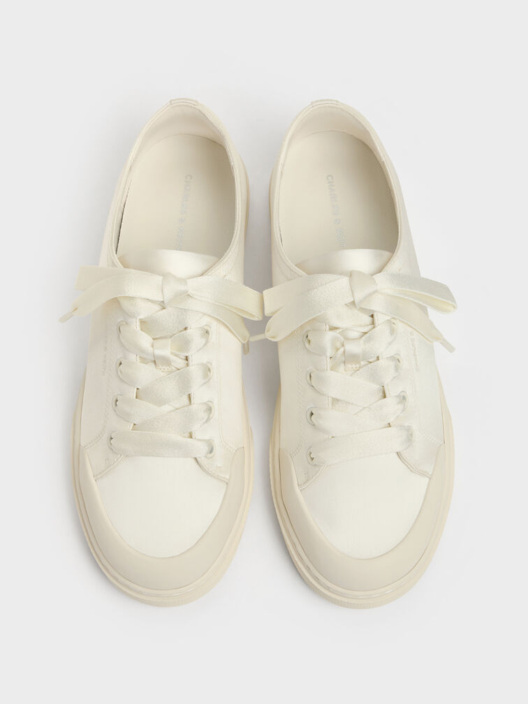 Satin Lace-Up Sneakers, White, hi-res