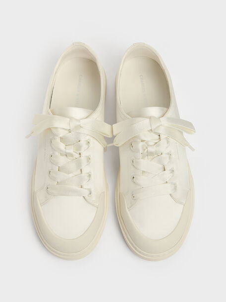 Satin Lace-Up Sneakers, White, hi-res