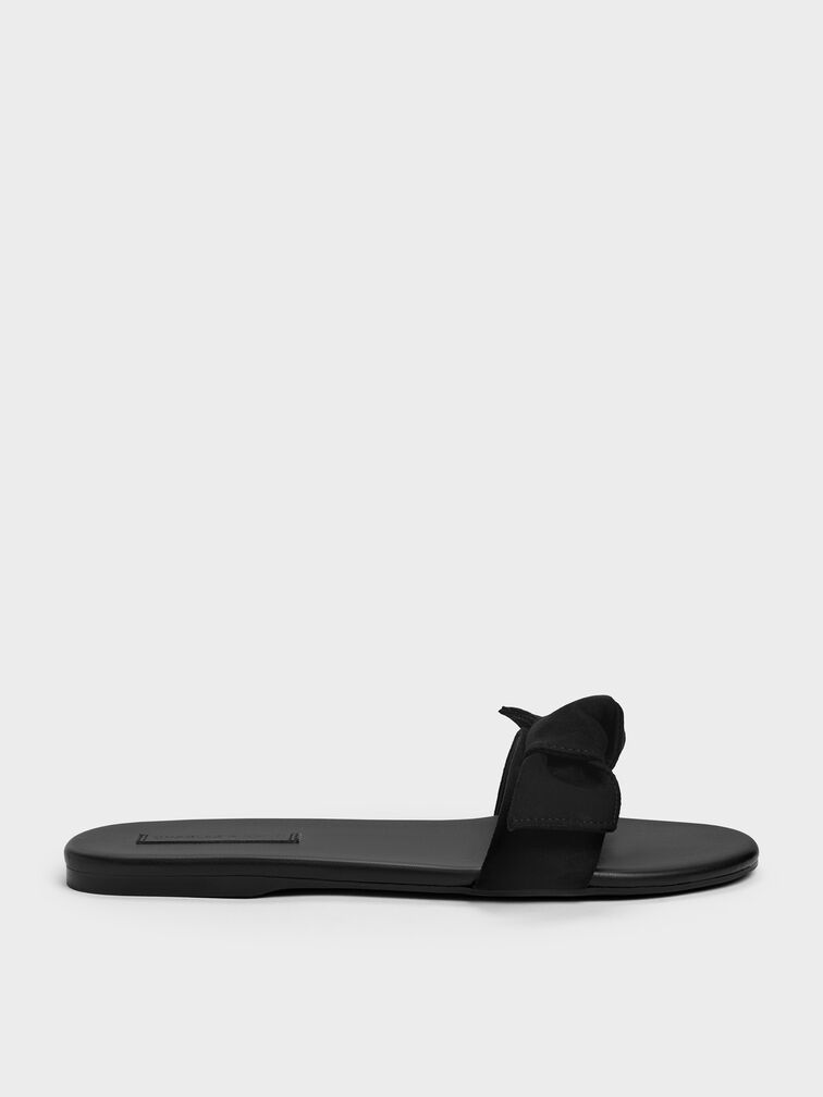 Anika Faux Suede Knot-Bow Slide Sandals, Black Textured, hi-res