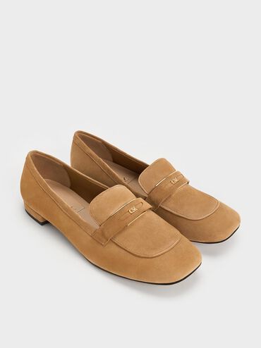 Suede Penny Square-Toe Loafers, Caramel, hi-res