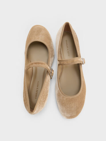 Carmel Velvet Buckled Mary Jane Flats, Beige, hi-res