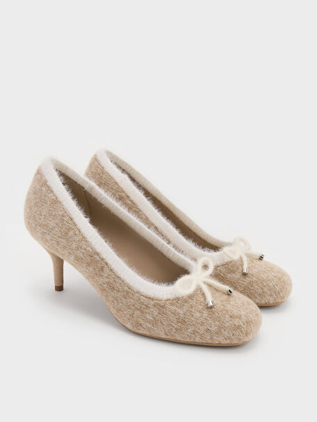 Two-Tone Knitted Bow Pumps, Beige, hi-res