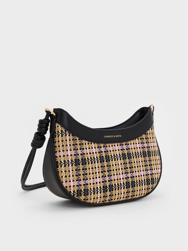 Sabine Tartan Knotted-Strap Curved Shoulder Bag, Tartan Straw, hi-res