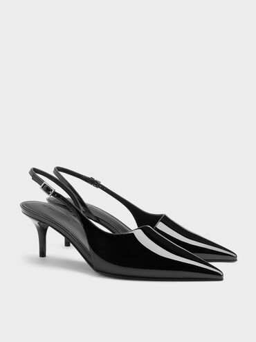 Patent Stiletto-Heel Pointed-Toe Slingback Pumps, Black Patent, hi-res