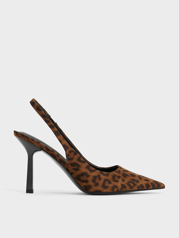 Leopard-Print Pointed Slingback Pumps, Animal Print Brown, hi-res