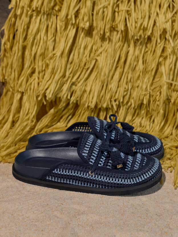 Crochet & Suede Flower Mules, Blue, hi-res