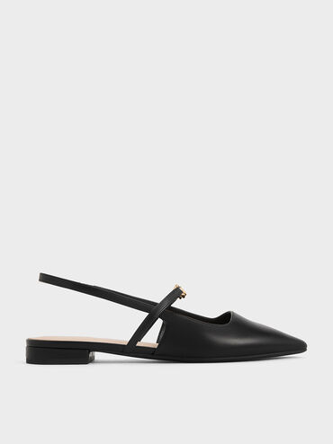 Trifina Metallic-Accent Pointed-Toe Slingback Flats, Black, hi-res