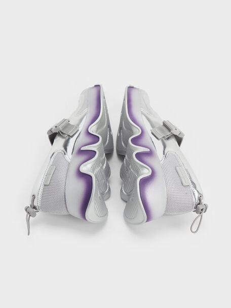 Mesh Gradient Wave Mary Jane Sneakers, Silver, hi-res