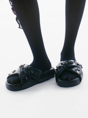 Gem & Pearl Flatform Sandals, Black, hi-res