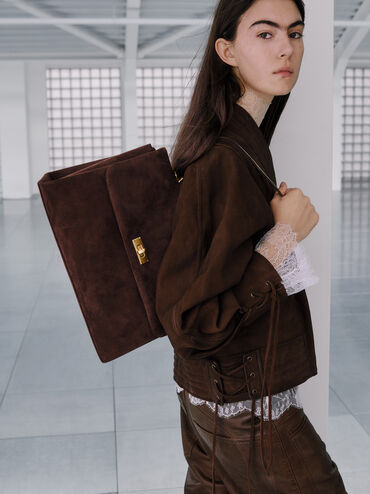 Kerry Recycled Suede Top Handle Satchel Bag, Espresso Brown, hi-res