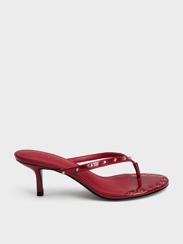 Briella Studded Heeled Thong Sandals, Red, hi-res