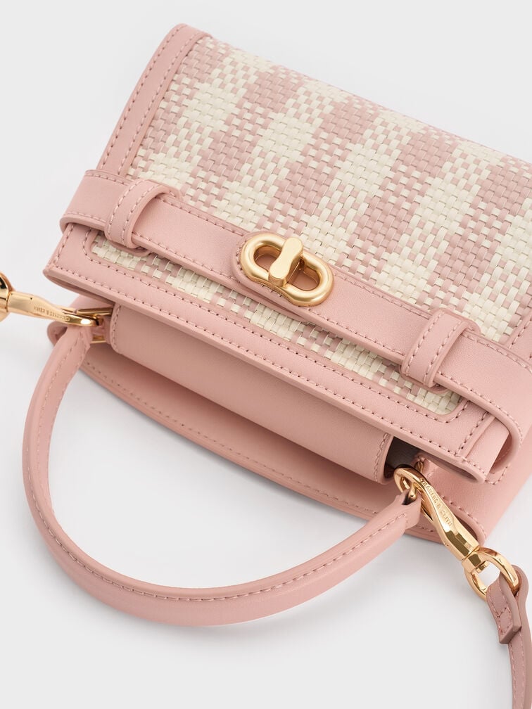 Aubrielle Checkered BeltedTop Handle Bag, Light Pink, hi-res