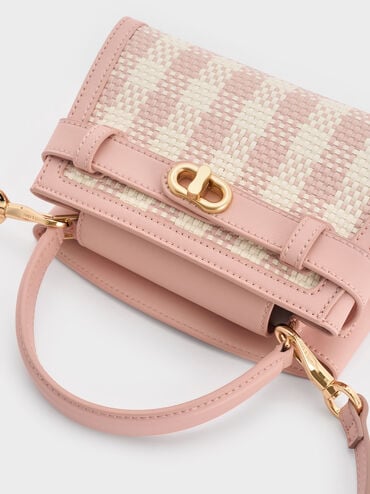 Aubrielle Checkered BeltedTop Handle Bag, Light Pink, hi-res