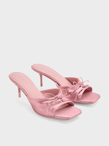 Sadira Satin Ruched Bow Heeled Mules, Pink, hi-res
