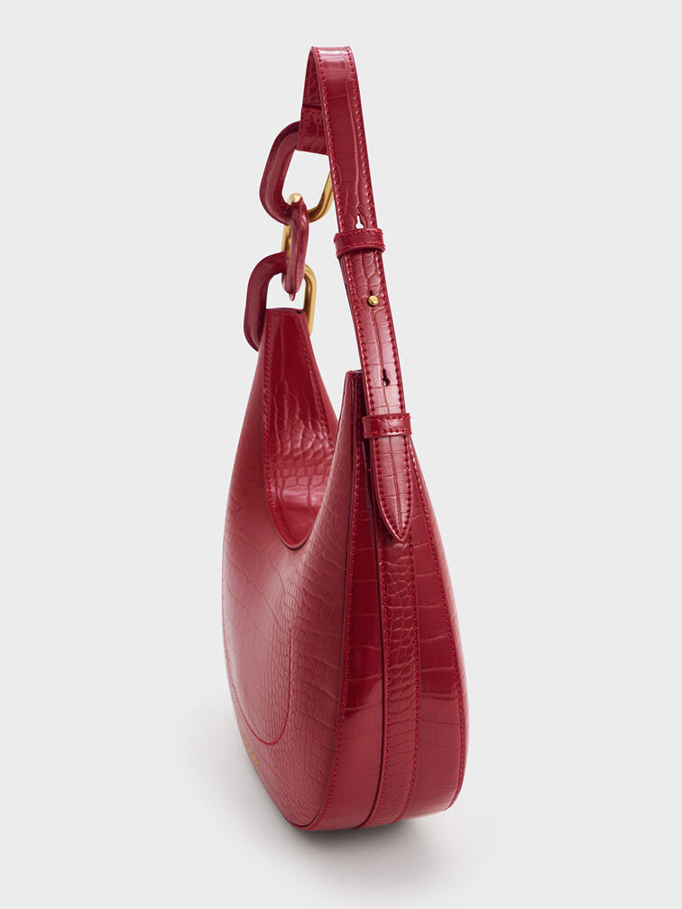 Kora Croc-Effect Metallic-Accent Moon Bag, Crimson, hi-res