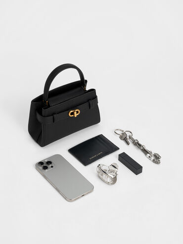 Aubrielle Metallic-Buckle Top Handle Bag, Black, hi-res