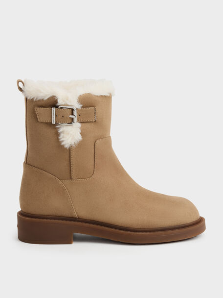 Joni Faux Suede Fur-Trim Ankle Boots, Sand, hi-res